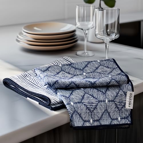 RECYCO Waffle Kitchen Towel Set of 2 - Quick Dry Microfiber Sustainable Dish Towels - Ultra Absorbent Reusable Cleaning Tea Towels - Lightweight Hand Towels,16”x 28”, Indigo Harmony - color: Indigo Harmony