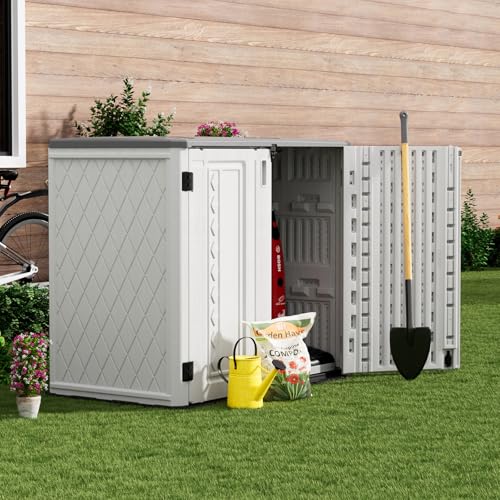ZZM 4x3FT Heavy-Duty Outdoor Storage Shed | 34 Cu.Ft Waterproof Resin Cabinet with Double-Wall | UV-Resistant & Lockable for Garden Tools, Bikes, Patio Furniture (Wood Grain Texture) - color: White-34 cu ft