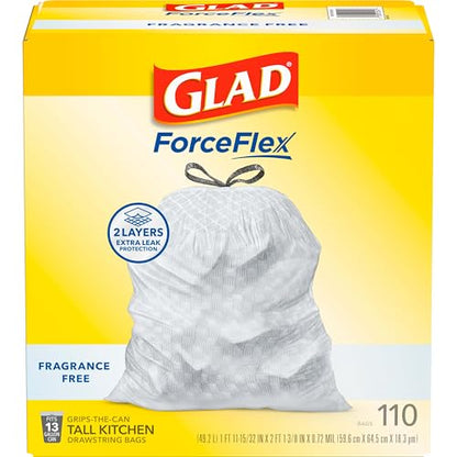 Glad ForceFlex Tall Kitchen Drawstring Trash Bags,13 Gal,Fragrance Free,110 Ct (Package May Vary),(Pack of 3) - size: 110 Count (Pack of 3)