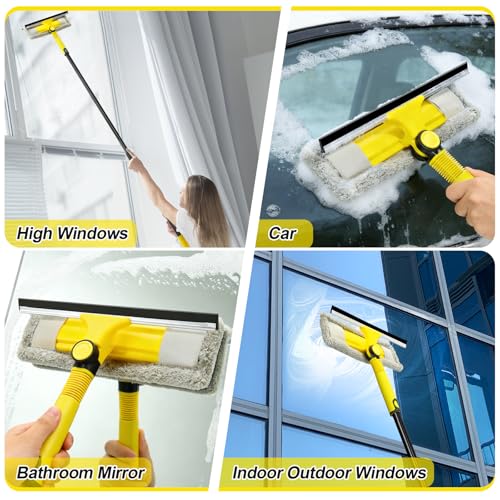 Professional Window Squeegee with 60" Extension Pole for Home | 2 in 1 Squeegee for Window Cleaning with Scrubber/ Rotatable Head for Car Glass Shower Indoor & Outdoor High Windows