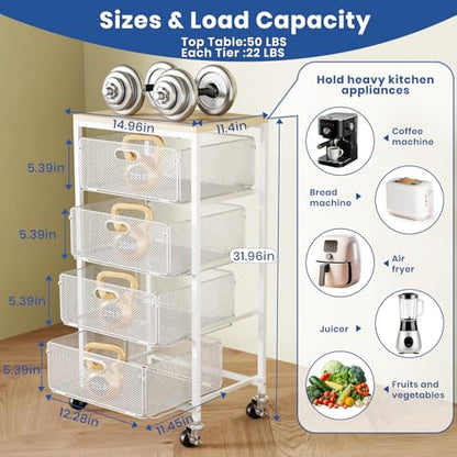 Goovilla Kitchen Cart with Drawers, 4 Tier Metal Rolling Utility Cart Organizer on Lockable Wheels with Wooden Top, White Fruit Vegetable Storage Rack Also for Cans, Snack, Craft, Art, Office, Beauty - size: White