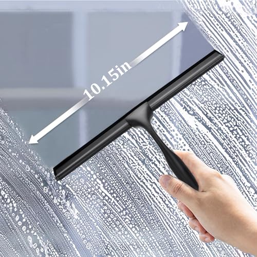 10-Inch Shower Squeegee for Glass Doors, Stainless Steel Shower Squeegee with Shower Door Hook & Adhesive Hook, Multi-Purpose Bathroom Squeegee for Glass, Door, Mirror and Window (Black)
