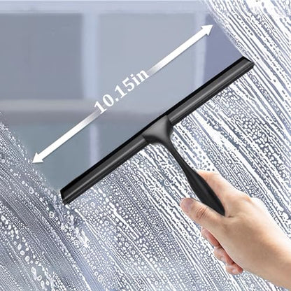 10-Inch Shower Squeegee for Glass Doors, Stainless Steel Shower Squeegee with Shower Door Hook & Adhesive Hook, Multi-Purpose Bathroom Squeegee for Glass, Door, Mirror and Window (Black)