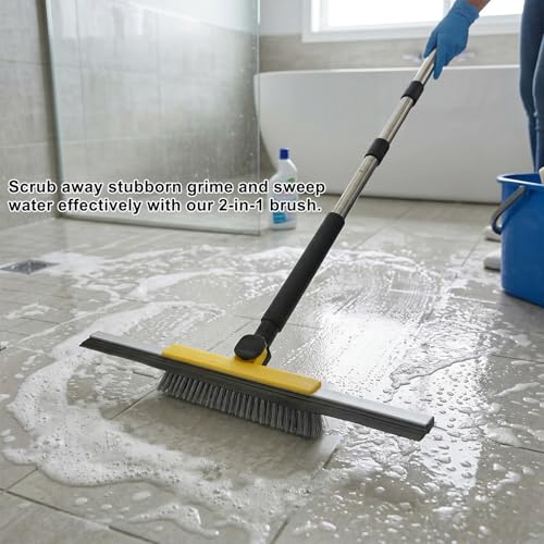 Floor Squeegee Scrubber, Squeegee Broom with 54” Adjustable Handle, Water Squeegee with Grout Brush,Shower Floor Scrubber for Garage Courtyard,Glass, Bathroom,Kitchen,Wall,Tile (YELLOW)