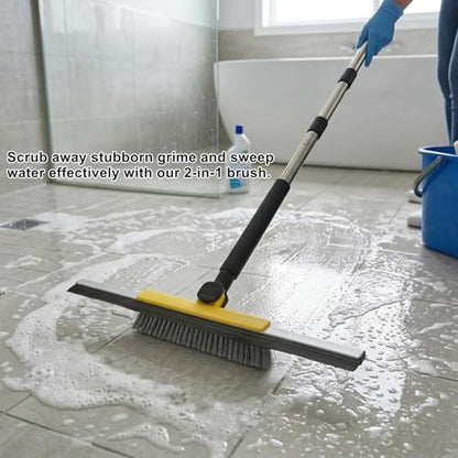 Floor Squeegee Scrubber, Squeegee Broom with 54” Adjustable Handle, Water Squeegee with Grout Brush,Shower Floor Scrubber for Garage Courtyard,Glass, Bathroom,Kitchen,Wall,Tile (YELLOW)