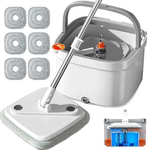Spin Mop and Bucket Set with Self Separation System 360° Spinning Self-Wringing, Square Clean Mop and Bucket with Wringer-with Replaceable Mop (Light Grey Mop and Bucket Set 6pads)