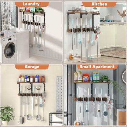 Mop Holder Wall Mount with Cleaning Supplies Organizer, Wood Mop and Broom Hanger Rack Organizer with Anti-Fall Wall Shelf with 5 Clips & Hooks for Garage Laundry Room Kitchen (Dark) - color: Dark