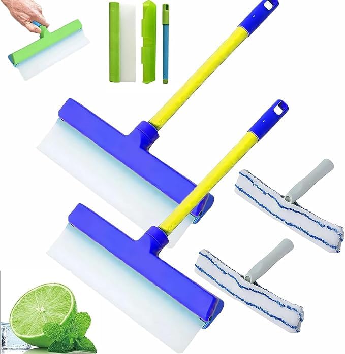 Byblix Window Squeegee, Byblix Recyclable Silicone Window Squeegee Kit, 3 in 1 Window Cleaning Scraper with Silicone Squeegee Microfiber Scrubber (Blue*2) - color: Blue*2