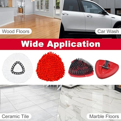 Mop Heads Replacement Compatible with O-Cedar EasyWring 1-Tank System, Includes 2 Microfiber + 2 Chenille Refills + 1 Scrub Brush + 1 Spin Mop Base for Hard Floor Cleaning - color: 2red+2white