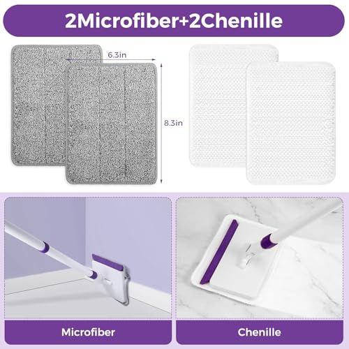 4 Mop Pads Refill for wlich Baseboard Cleaner(2 Chenille Pads+2 Microfiber Pads),Baseboard Cleaner Pad Refills for Ceiling, Wall, Floor and Baseboard Cleaning