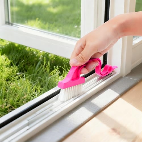 Window Track Cleaning Brush, Hand-held Magic Window Track Cleaning Tools, Ergonomic Handle, for Sliding Door, Sill, Multipurpose(Pink) - color: Pink