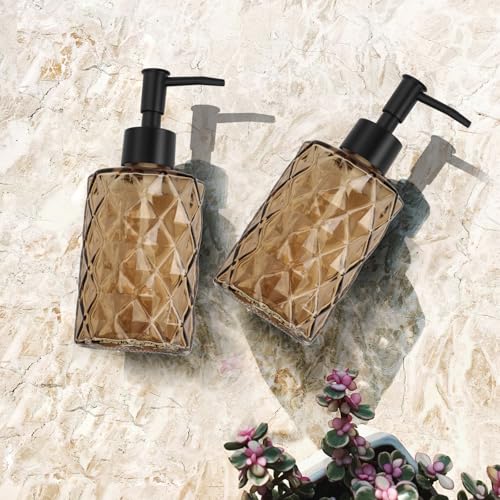 Dark Brown Glass Soap Dispenser with Pump, 12oz Diamond Design Hand Soap Dispenser, Refillable Lotion Dispenser & Dish Dispenser, Bathroom Dispenser for Dishwashing Liquid, Shower Gel - color: Diamond Amber