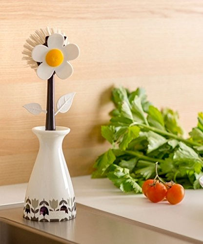 Vigar Flower Power Dish Brush - Flower-Shaped, Dish Brush with Handle and Vase Holder, Scrub Brush for Dishes, Dishwashing Brush, Kitchen Scrub Brush, Pot Scrubber, Kitchen Essentials - White, Black - color: White