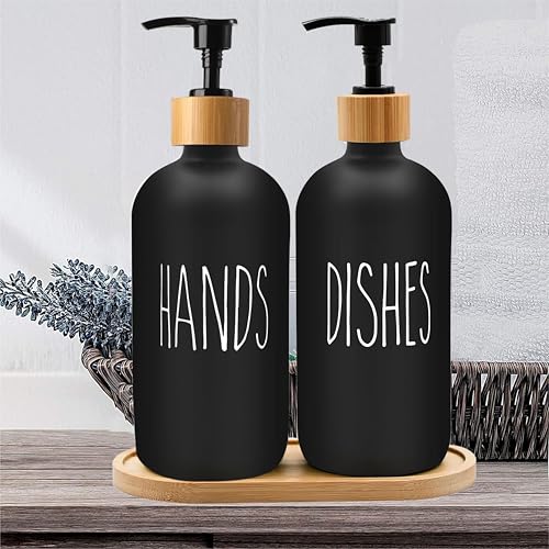 Sunrise Premium 16 OZ Thick Black Glass Soap Dispenser, Bamboo Pump with Tray 2 Pack, Hand and Dish Soap Dispenser Set for Bathroom with 6 Waterproof Labels - color: Bamboo Pump With Tray - Black Glass