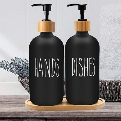 Sunrise Premium 16 OZ Thick Black Glass Soap Dispenser, Bamboo Pump with Tray 2 Pack, Hand and Dish Soap Dispenser Set for Bathroom with 6 Waterproof Labels - color: Bamboo Pump With Tray - Black Glass