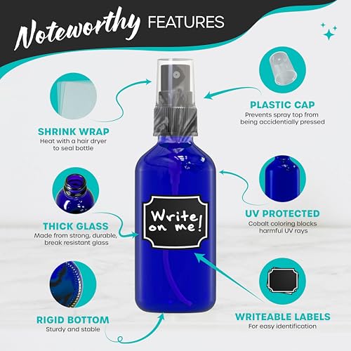 Nevlers Small Spray Bottle 2 Oz 48 Pack Blue Glass Spritzer Bottles | Mini Spray Bottle Mist Set w/ Labels, Marker, Funnel, Brush & Shrink Wrap | 2oz Glass Bottles for Oils, Scents & Travel Use - color: Blue, style: 48 Pack