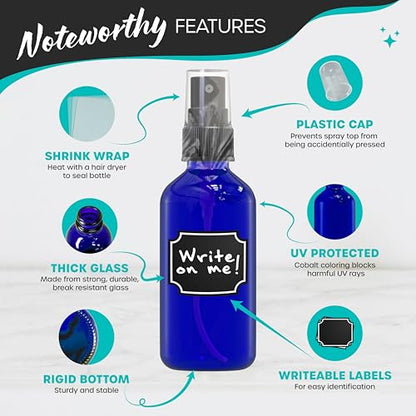 Nevlers Small Spray Bottle 2 Oz 48 Pack Blue Glass Spritzer Bottles | Mini Spray Bottle Mist Set w/ Labels, Marker, Funnel, Brush & Shrink Wrap | 2oz Glass Bottles for Oils, Scents & Travel Use - color: Blue, style: 48 Pack