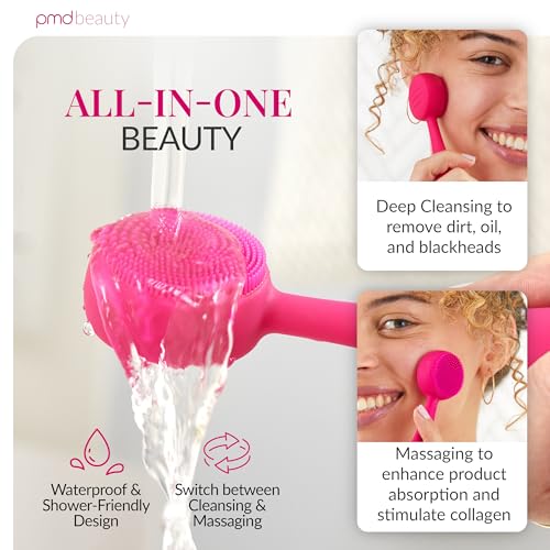 PMD Clean Mini - Smart Facial Cleansing Device with Silicone Brush & Anti-Aging Massager - Waterproof - SonicGlow Vibration Technology - Clear Pores and Blackheads - Lift, Firm, and Tone Skin - color: Pink