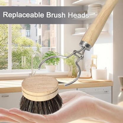 Wooden Dish Brush Set, 4 Natural Bristle Replacement Heads with 1 Sturdy Wooden Handle, Horsehair Kitchen Scrub Brush for Pots, Pans, Vegetables and Cookware - size: Soft