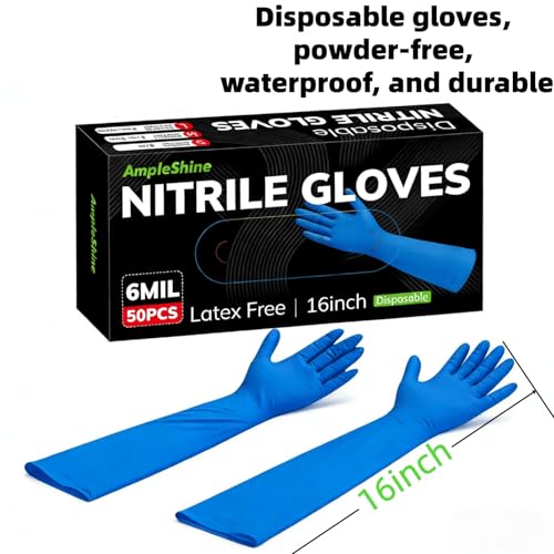 Long Nitrile Disposable Gloves Extended Cuff 16inch Latex-Free Blue Household Kitchen Cleaning Dishwashing 50PCS - color: Blue, size: Small