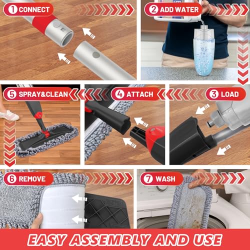 HOMTOYOU Microfiber Hardwood Floor Mop: Spray Mop for Cleaning Wood Floors | Wet Mopping & Dry Sweeping, 3 Reusable Refill Pads, 1Pcs 400+ML Refillable Bottle, 360° Swivel Head, Black - color: Black Red