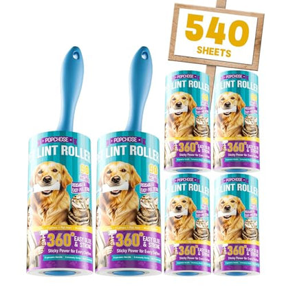 POPCHOSE Lint Rollers for Pet Hair Extra Sticky, 540 Sheet Extra Sticky Lint Rollers for Pet Hair,2 Handles & 6 Sticky Rolls,Dog Cat Hair Remover for Clothes,Furniture,Couch,Lint Roller for Clothes - size: 540 Sheets