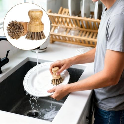 12 Packs Bamboo Dish Scrub Brush Wooden Washing Scrubbers with Sisal Bristles Kitchen Palm Pot Brush Round Mini Dish Brushes for Household Iron Pot Pan Sink Sink Vegetables Cleaning (Brown) - color: Brown