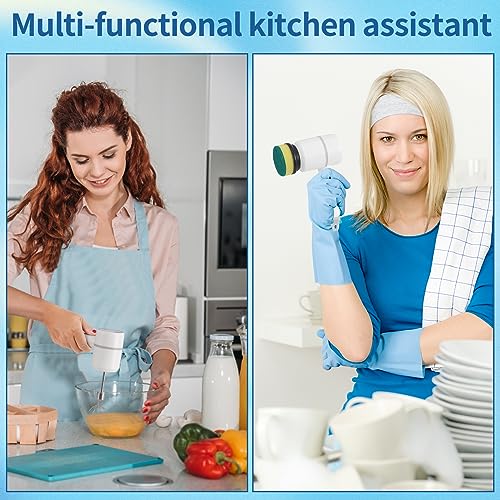 Electric Spin Scrubber,Cordless Power Cleaning Brush,Rechargeable Power Scrubber with 8 Replacement Heads,3 Adjustable Speeds,Kitchen Assistant,Handheld Scrubber for Sink Bowls Plates Bottle,White