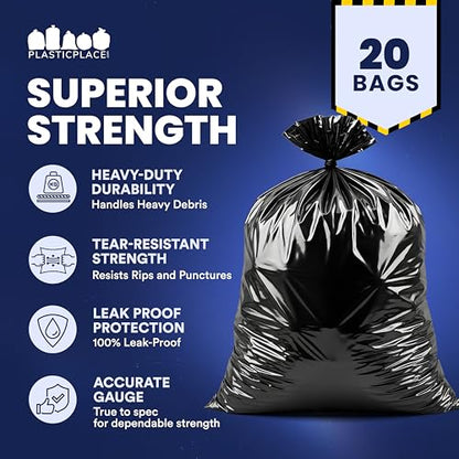 Plasticplace Contractor Garbage Bags: 55 Gallon Trash Bags Heavy Duty, Big Black Trash Bags, 36"x58", 6.0 Mil, Pack of 20 - size: 20 Count (Pack of 1)