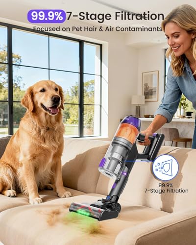Cordless Vacuum Cleaner, 500W 40KPa 60Mins Vacuum Cleaners for Home, Powerful Stick Vacuum With Green Light, Anti-tangle Wireless Vacumm, Rechargeable Vacuum for Pet Hair/Carpet/Hardwood Floor, Purple