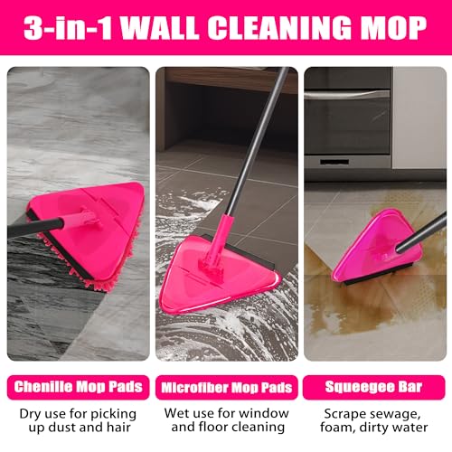 JEHONN Wall Mop with Long Handle 80 inches, Upgraded 180° Collapsible Baseboard Cleaner Tool with Squeegee, Ceiling Duster with 3 Microfiber and 3 Chenille Pads for Cleaning Window, Cabinet (Rose Red) - color: Rose Red