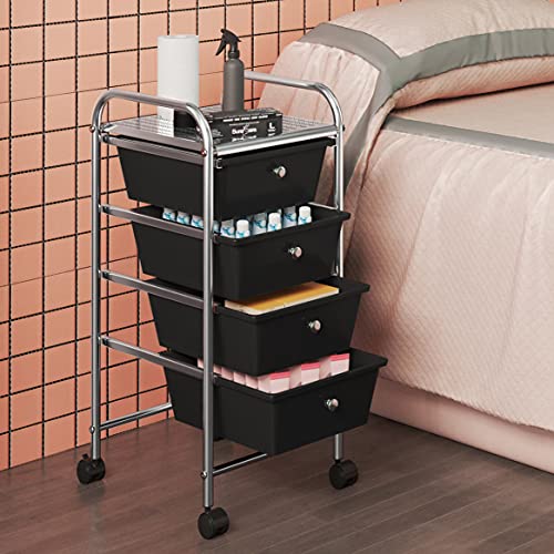 Yaheetech 4 Drawers Cart Rolling Storage Organizer Metal Frame Plastic Drawers Trolley Organizer on Wheels, Black - color: Black, style: 4 Drawers