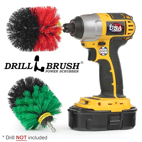 Drill Brush Power Scrubber - Kitchen Cleaning - Dish Brush - Pots and Pans - Cast Iron Cookware - Tile and Grout Brush - Outdoor Cleaning - Stiff Bristle Patio and Deck Brush - Concrete Bird Baths - color: Green / Red