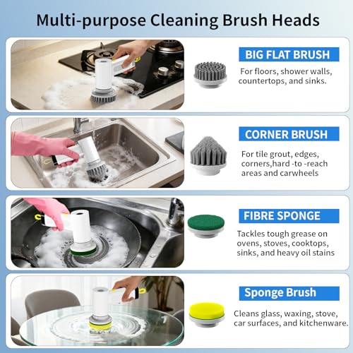 3000mAh Cordless Electric Spin Scrubber, 20W High-Torque IPX7 Waterproof Cleaning Brush with 6 Replaceable Heads, Dual Speed 150-180 Mins Runtime for Kitchen Bathroom Car - size: S2 M