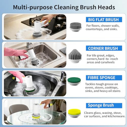 3000mAh Cordless Electric Spin Scrubber, 20W High-Torque IPX7 Waterproof Cleaning Brush with 6 Replaceable Heads, Dual Speed 150-180 Mins Runtime for Kitchen Bathroom Car - size: S2 M