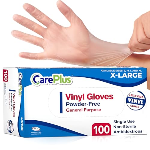 CARE PLUS Latex-Free Vinyl Gloves Clear Extra Large Size 100 Count | Heavy Duty, Non-Sterile, Powder-Free, Rubber | Food Prep, Kitchen & Cleaning Gloves, Ideal for Professional Use - color: Vinyl Clear, size: X-Large