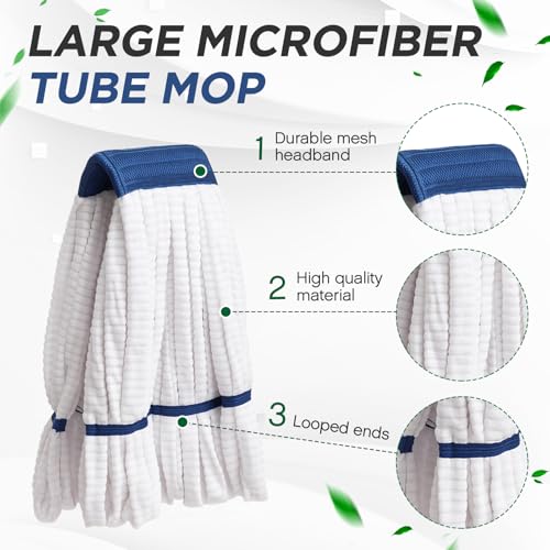 Hushee 6 Pack Large Microfiber Tube Mop Heads 18 oz Heavy Duty Commercial Industrial Wet Mop Head Refill Reusable Machine Washable Looped End Mopheads for Hardwood, Tile, Laminate Floors (White) - color: White