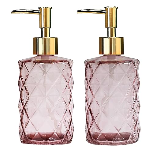 Glass Soap Dispenser with Gold Plastic Pump, 12oz Refillable Liquid Hand Soap Dispenser, 2 Pack Crystal Lotion Bottle for Modern Home Decor, Bathroom, Kitchen Countertop, Hotel - color: Rose Red