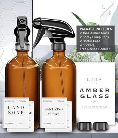 LiBa Amber Glass Spray Bottles 2 Pack, 16 oz Refillable Empty Spray Bottle for Cleaning, Essential Oils, Hair, Plants, Adjustable Nozzle for Squirt and Mist, Bleach/Vinegar/Rubbing Alcohol Safe