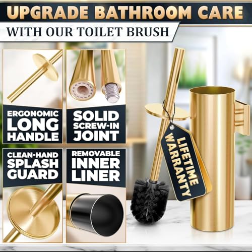Gold Toilet Brush and Holder Set with Wall Mount - Modern Wall Mounted Toilet Brush Made from Corrosion-Resistant Stainless Steel - Removable Inner Bowl, Splash Protection & Dense Bristles Supplied - color: Gold Wall-mounted