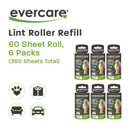 Evercare Pet Lint Roller Refill, Manual Operation, 60 Sheets per Roll, 6 Count Refill Pack for Pet Hair Removal, Green - size: Pack of 6 (360 Sheet Count)