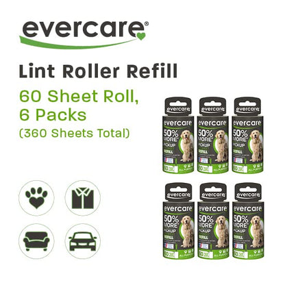 Evercare Pet Lint Roller Refill, Manual Operation, 60 Sheets per Roll, 6 Count Refill Pack for Pet Hair Removal, Green - size: Pack of 6 (360 Sheet Count)