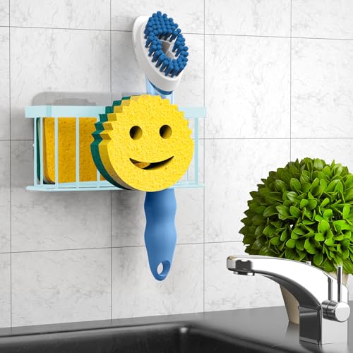 MURLONG Sponge Holder Smiley Face,Sink Caddy for Kitchen Sink,Sponge Holder with 2 PCS Suction Cups/1 PCS Adhesive Strips,Designed for Sponge,Soap,Dish Brush,Scrubber-Blue - color: Blue
