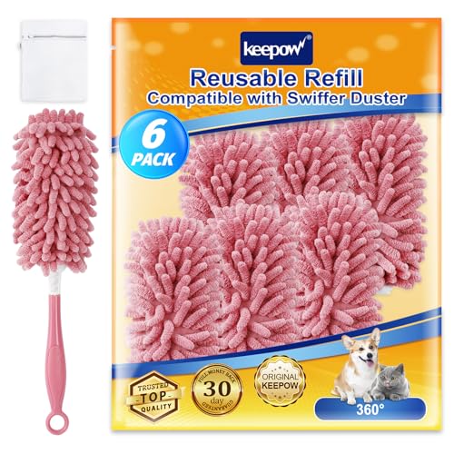 KEEPOW 6 Pack Pink Duster Refills Compatible with Swiffer Duster Handle, Reusable Microfiber Pads Compatible with Swiffer Heavy Duty Dusters, 360 Dusting for Cleaning Window(Handle is Not Included) - color: Pink-6 Pack