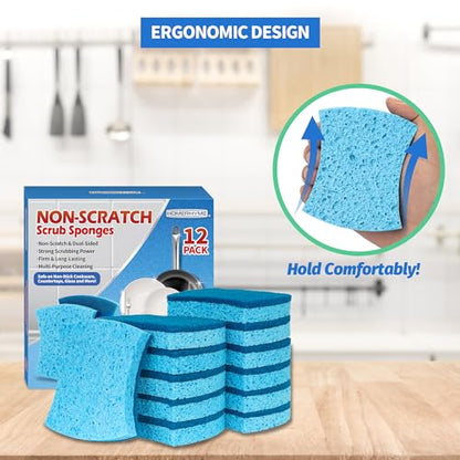 Non-Scratch Cellulose Scrub Sponges 12 Pack, Sponges Kitchen with Double-Side & Ergonomic Design for Dishes, Coated Cookware, Sink & Countertops. - color: Blue, size: 12 Pack