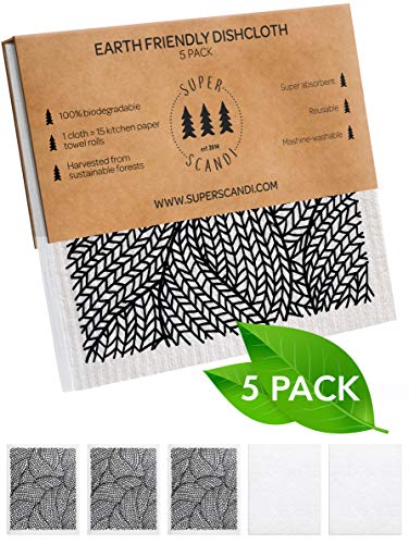 SUPERSCANDI 5 Pack Swedish Dishcloths for Kitchen - 100% Biodegradable & Compostable Reusable Paper Towels Washable, Food-Safe & Without Plastic - Dish Rags for Any Surface, Line Knitting Black - color: Line Knitting Black