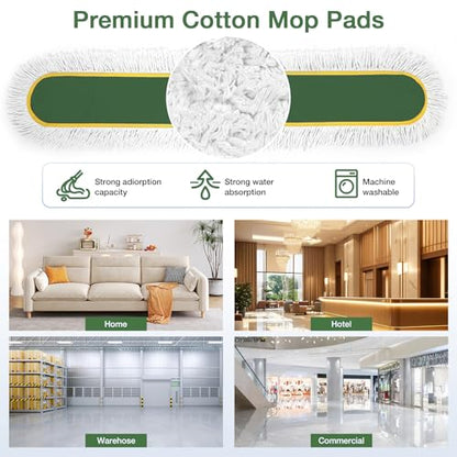48" Commercial Dust Mop for Floor Cleaning with 2 Cotton Mop Pads | Heavy Duty Wet Dry Broom with 65" Metal Handle for Commercial Industrail Office Garage Warehouse Factory Mall/Green