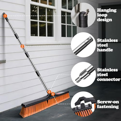 MASTERTOP 24" Heavy Duty Push Broom with Ultra-Sturdy Adjustable Handle, 6-Layer Stiff Bristles Garden Yard Broom, Outdoor Sweeping Brush for Garage, Patio, Driveway, Warehouse, Deck, Tile & Concrete - color: Push Broom Orange