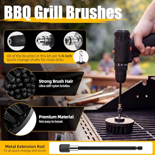 BBQ Grill Brush with Cleaning Spray, Cordless Drill Spin Brush Cleaning Kit - Nylon Safe Bristle & Wire Free, Safe for Stainless Steel, Porcelain, Charcoal Smoker Grill (Drill Not Included)
