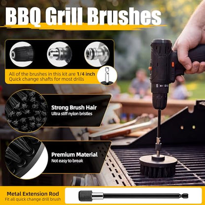 BBQ Grill Brush with Cleaning Spray, Cordless Drill Spin Brush Cleaning Kit - Nylon Safe Bristle & Wire Free, Safe for Stainless Steel, Porcelain, Charcoal Smoker Grill (Drill Not Included)